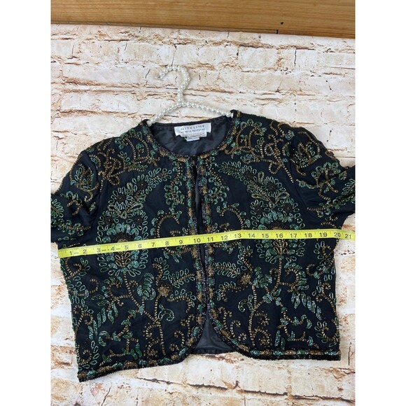 Niteline by Della Roufogali Vintage Silk Beaded Jacket sz M Black Green Brown - Picture 6 of 7
